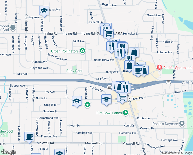map of restaurants, bars, coffee shops, grocery stores, and more near 220 Ruby Avenue in Eugene