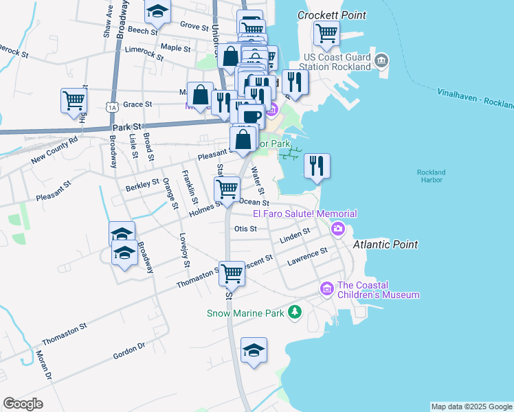 map of restaurants, bars, coffee shops, grocery stores, and more near 14 Ocean Street in Rockland