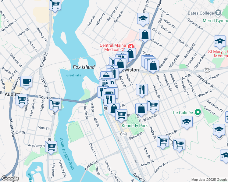 map of restaurants, bars, coffee shops, grocery stores, and more near 117 Middle Street in Lewiston