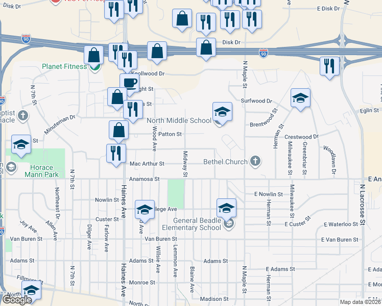 map of restaurants, bars, coffee shops, grocery stores, and more near 144 Doolittle Street in Rapid City