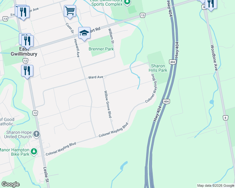 map of restaurants, bars, coffee shops, grocery stores, and more near 11 Maplehyrn Avenue in East Gwillimbury