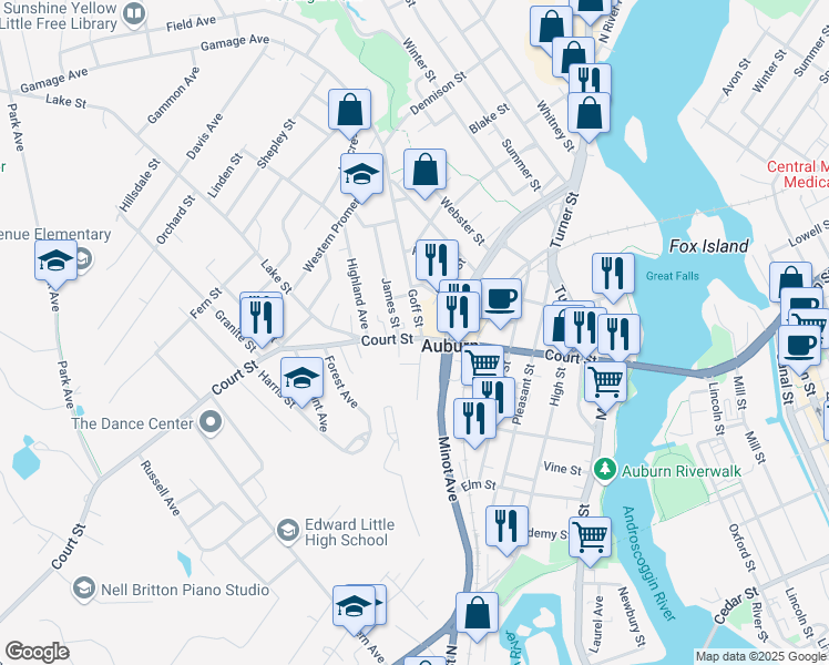map of restaurants, bars, coffee shops, grocery stores, and more near 2 Goff Street in Auburn