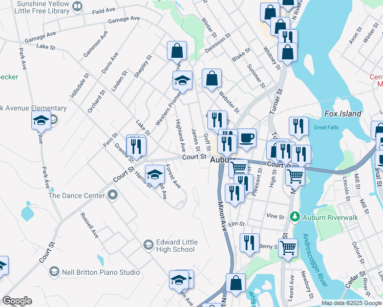 map of restaurants, bars, coffee shops, grocery stores, and more near 291 West Auburn Road in Auburn