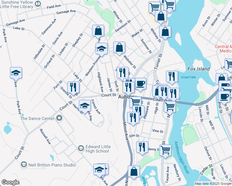 map of restaurants, bars, coffee shops, grocery stores, and more near 2 Goff Street in Auburn