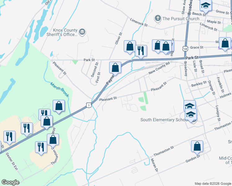 map of restaurants, bars, coffee shops, grocery stores, and more near 117 New County Road in Rockland