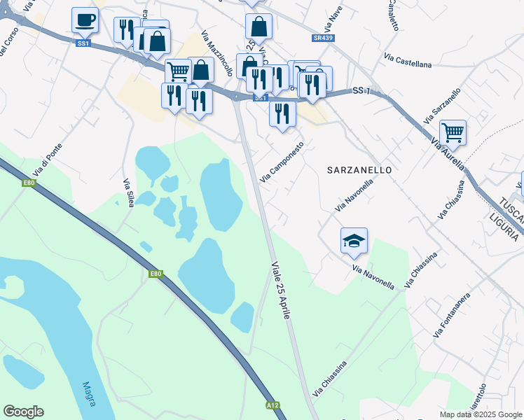 map of restaurants, bars, coffee shops, grocery stores, and more near Viale XXV Aprile in Sarzana