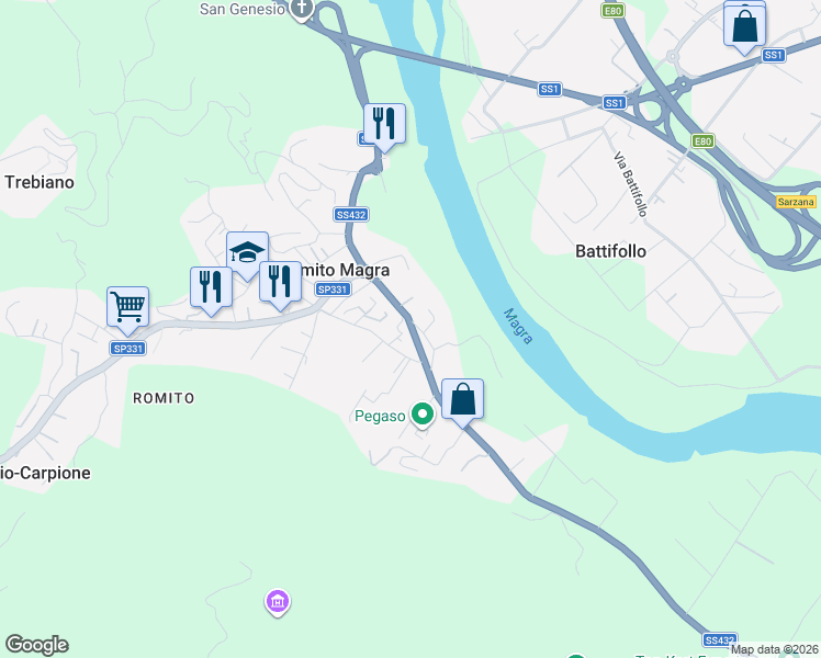 map of restaurants, bars, coffee shops, grocery stores, and more near 7 Via Ameglia Vecchia in Romito Magra
