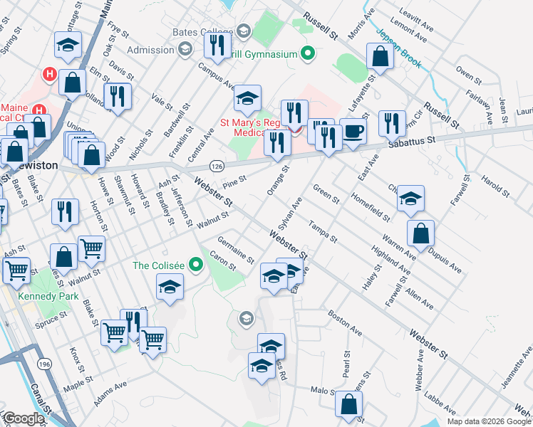 map of restaurants, bars, coffee shops, grocery stores, and more near 8 Orange Street in Lewiston