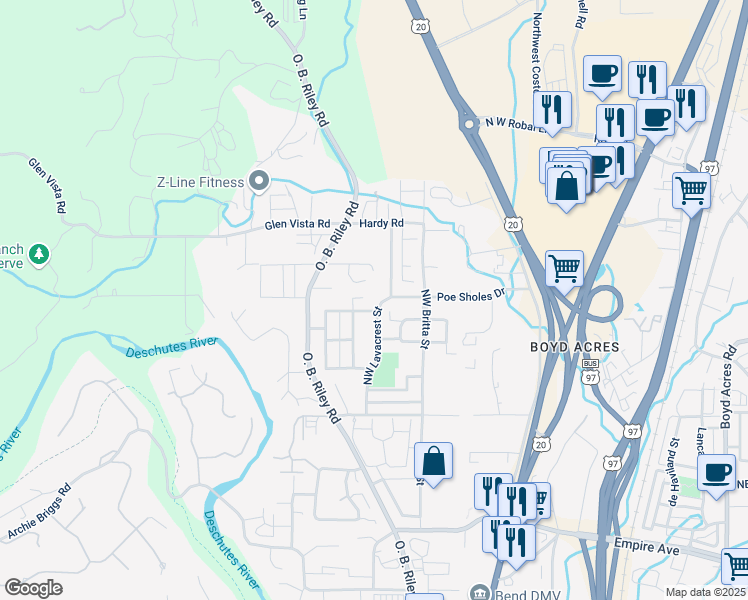 map of restaurants, bars, coffee shops, grocery stores, and more near 63287 Northwest Lavacrest Street in Bend