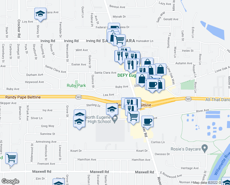 map of restaurants, bars, coffee shops, grocery stores, and more near 113 Lea Avenue in Eugene