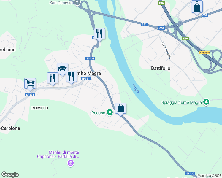 map of restaurants, bars, coffee shops, grocery stores, and more near 7 Via Ameglia Vecchia in Romito Magra