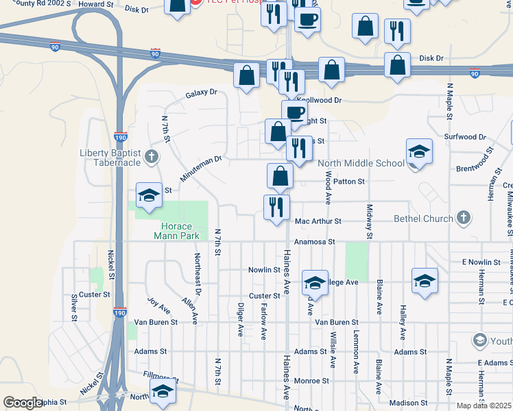 map of restaurants, bars, coffee shops, grocery stores, and more near 1314 Atlas Street in Rapid City