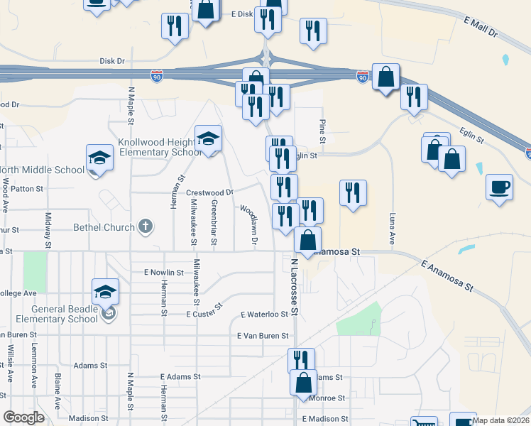 map of restaurants, bars, coffee shops, grocery stores, and more near 1404 Racine St in Rapid City