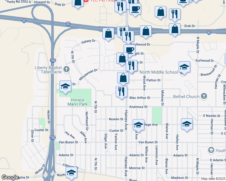 map of restaurants, bars, coffee shops, grocery stores, and more near 1314 Atlas Street in Rapid City