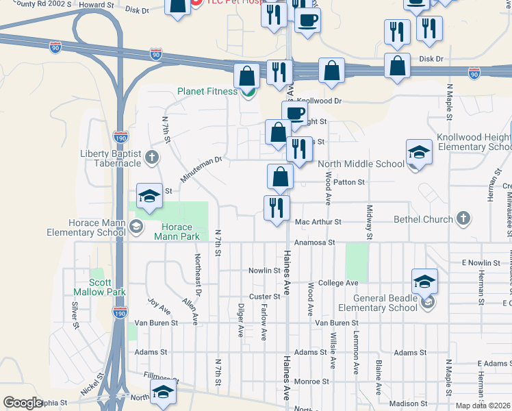 map of restaurants, bars, coffee shops, grocery stores, and more near 1314 Atlas Street in Rapid City