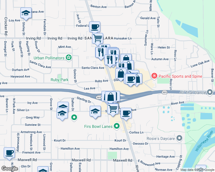 map of restaurants, bars, coffee shops, grocery stores, and more near 90 Ruby Avenue in Eugene