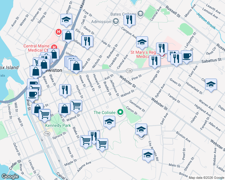 map of restaurants, bars, coffee shops, grocery stores, and more near in Lewiston
