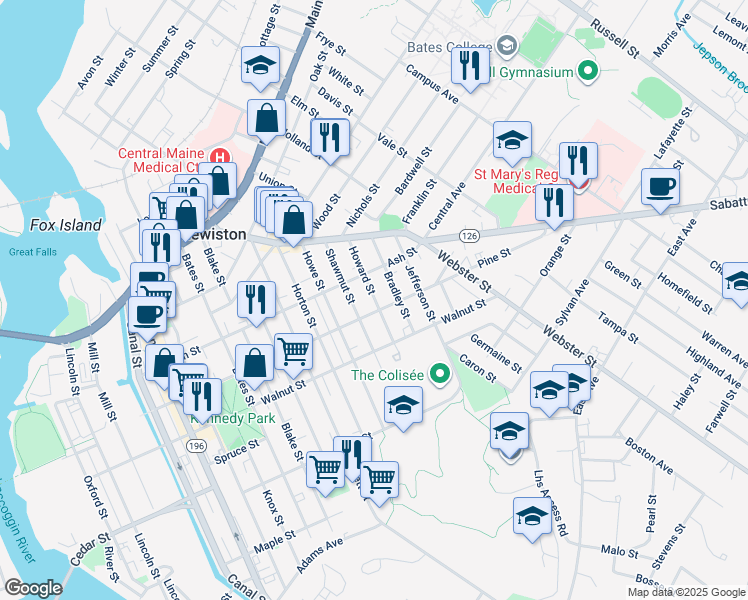 map of restaurants, bars, coffee shops, grocery stores, and more near 56 Howard Street in Lewiston