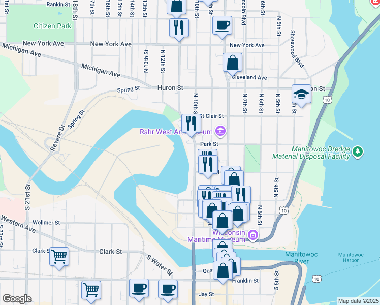 map of restaurants, bars, coffee shops, grocery stores, and more near 530 North 10th Street in Manitowoc