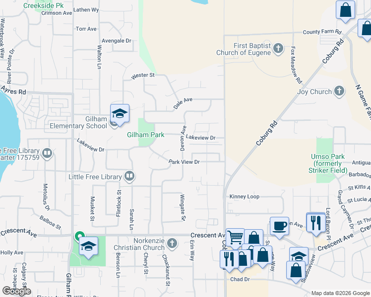 map of restaurants, bars, coffee shops, grocery stores, and more near 2332 Devon Avenue in Eugene