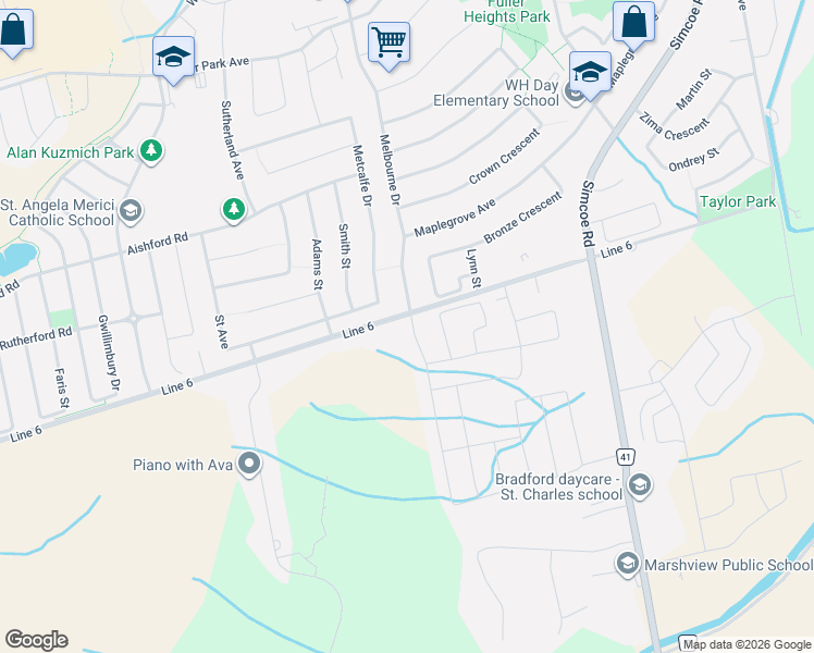 map of restaurants, bars, coffee shops, grocery stores, and more near 18 Inverness Way in Bradford West Gwillimbury