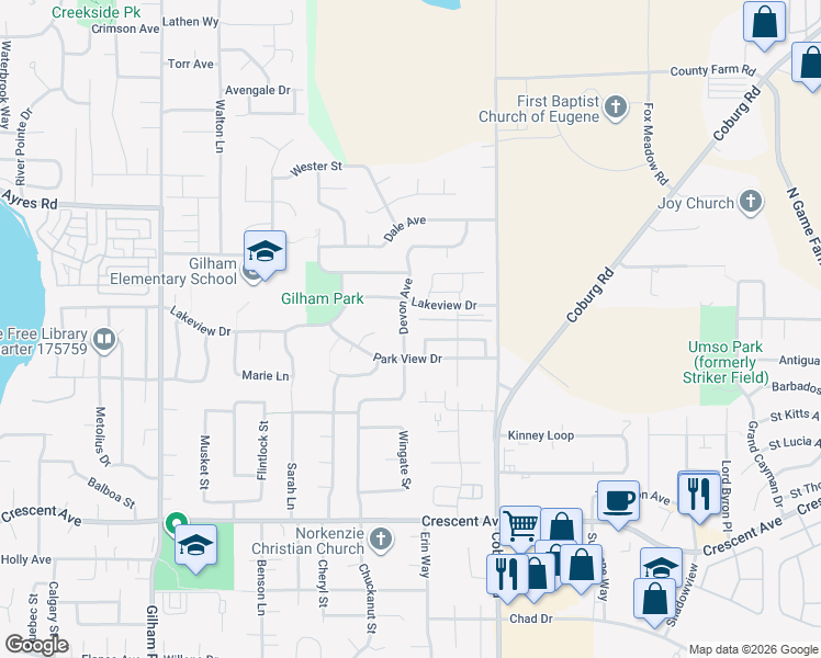 map of restaurants, bars, coffee shops, grocery stores, and more near 2430 Belle Terra Drive in Eugene