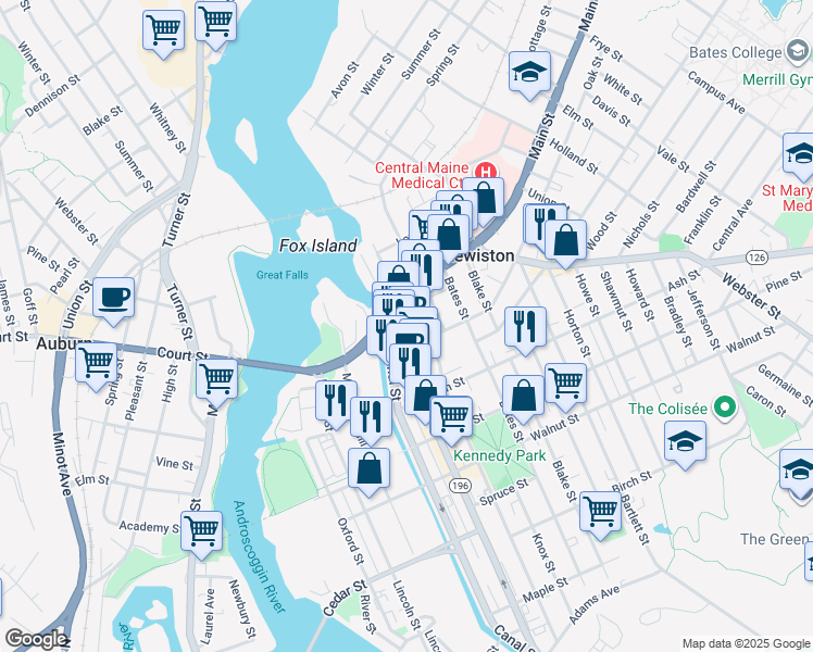 map of restaurants, bars, coffee shops, grocery stores, and more near in Lewiston