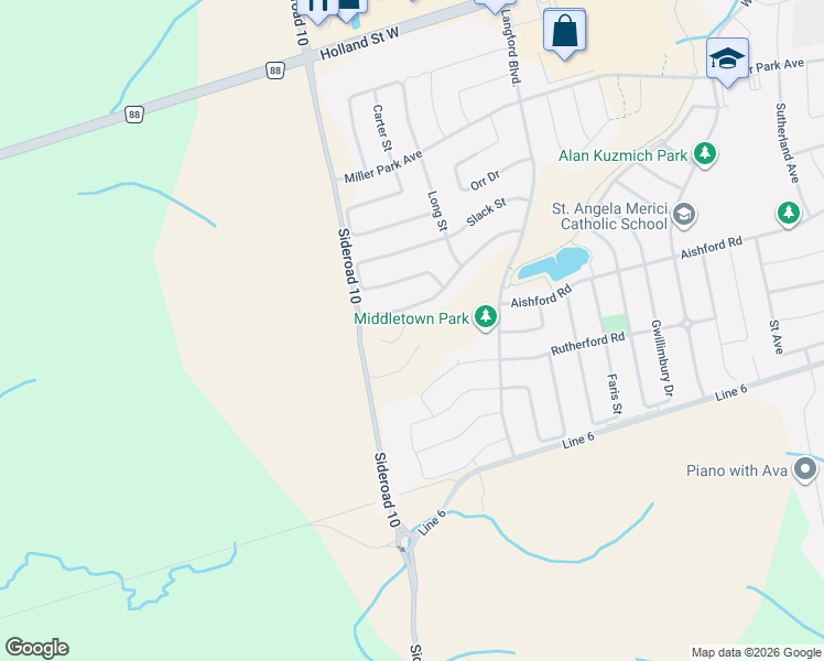 map of restaurants, bars, coffee shops, grocery stores, and more near in Bradford West Gwillimbury
