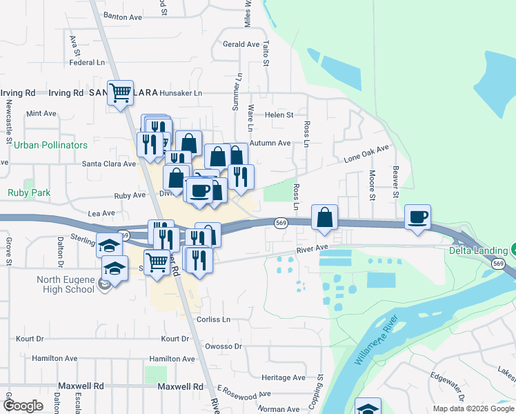map of restaurants, bars, coffee shops, grocery stores, and more near 221 Division Avenue in Eugene