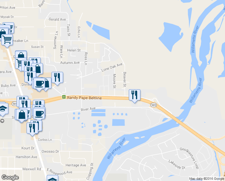 map of restaurants, bars, coffee shops, grocery stores, and more near 2338 Moore Street in Eugene
