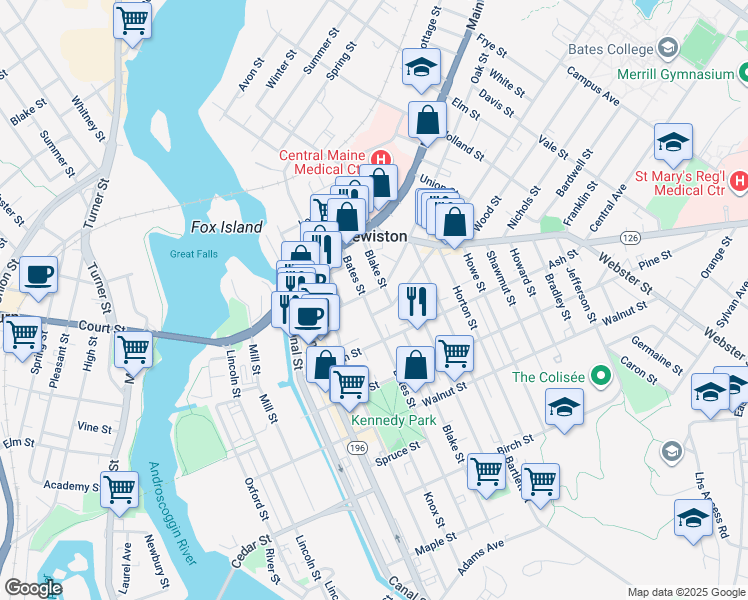 map of restaurants, bars, coffee shops, grocery stores, and more near 2 College Street in Lewiston