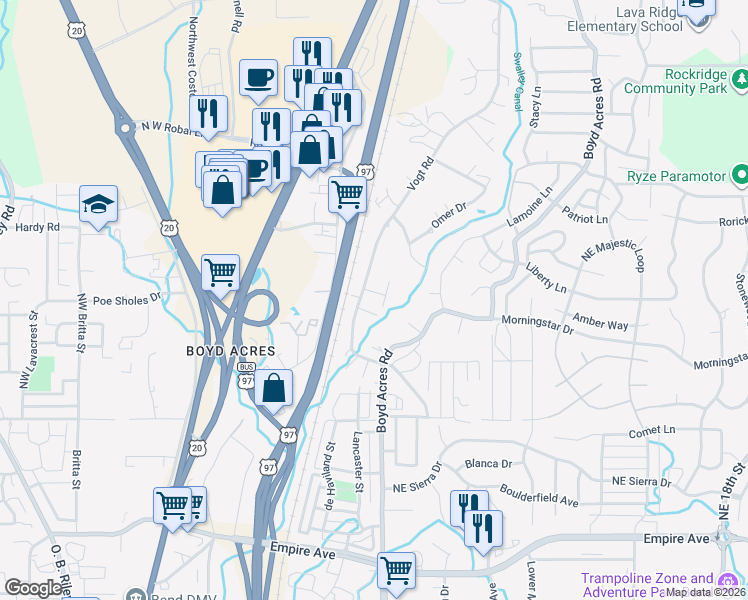 map of restaurants, bars, coffee shops, grocery stores, and more near 20607 Independence Way in Bend