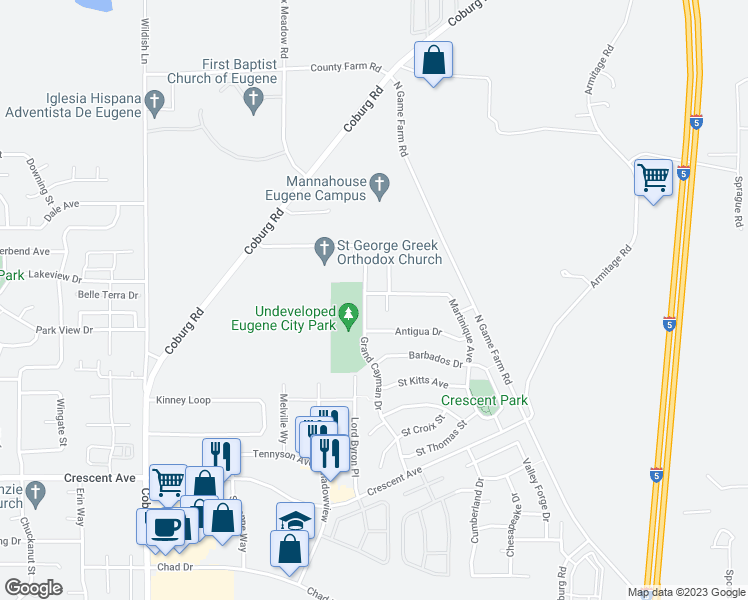 map of restaurants, bars, coffee shops, grocery stores, and more near 2898 Martinique Avenue in Eugene