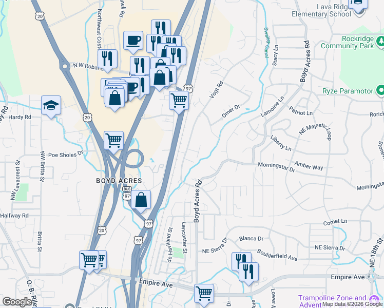 map of restaurants, bars, coffee shops, grocery stores, and more near 20607 Independence Way in Bend
