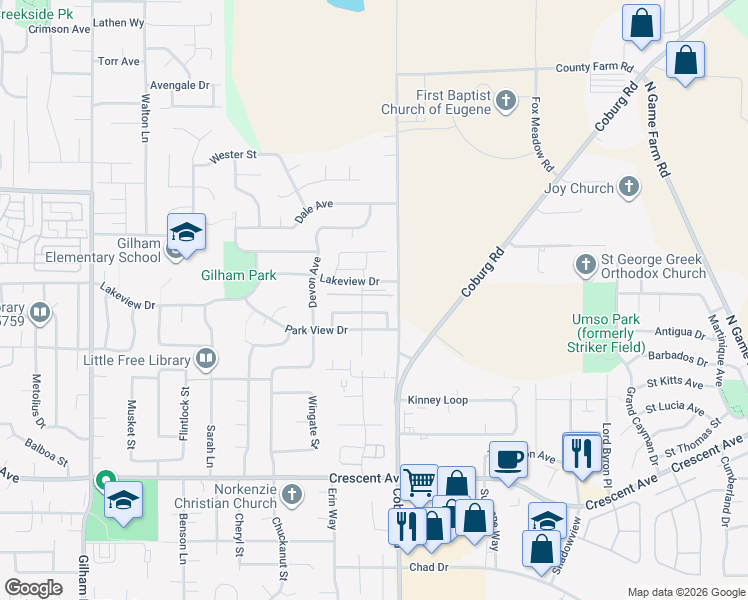 map of restaurants, bars, coffee shops, grocery stores, and more near 2518 Belle Terra Drive in Eugene