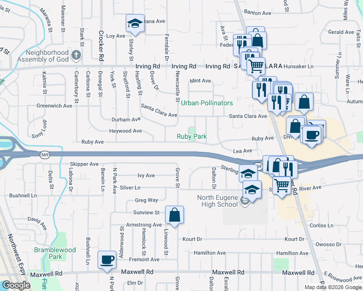 map of restaurants, bars, coffee shops, grocery stores, and more near 352 Ruby Avenue in Eugene