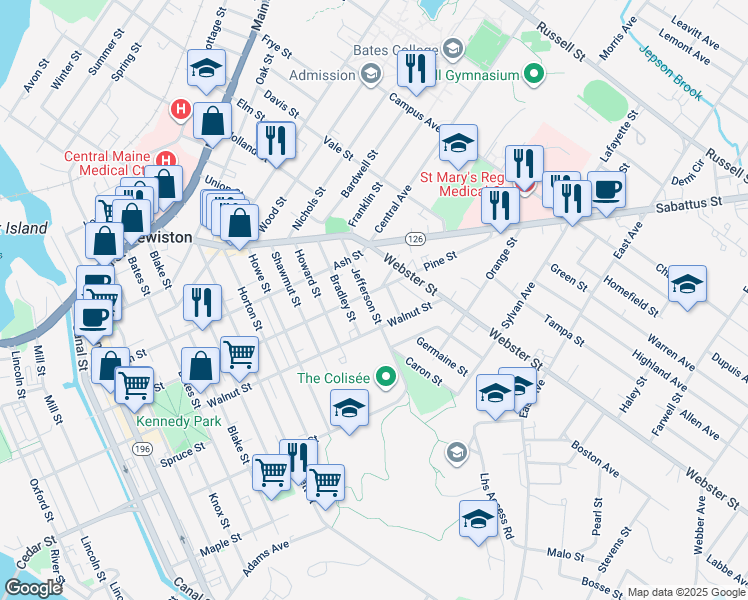 map of restaurants, bars, coffee shops, grocery stores, and more near in Lewiston