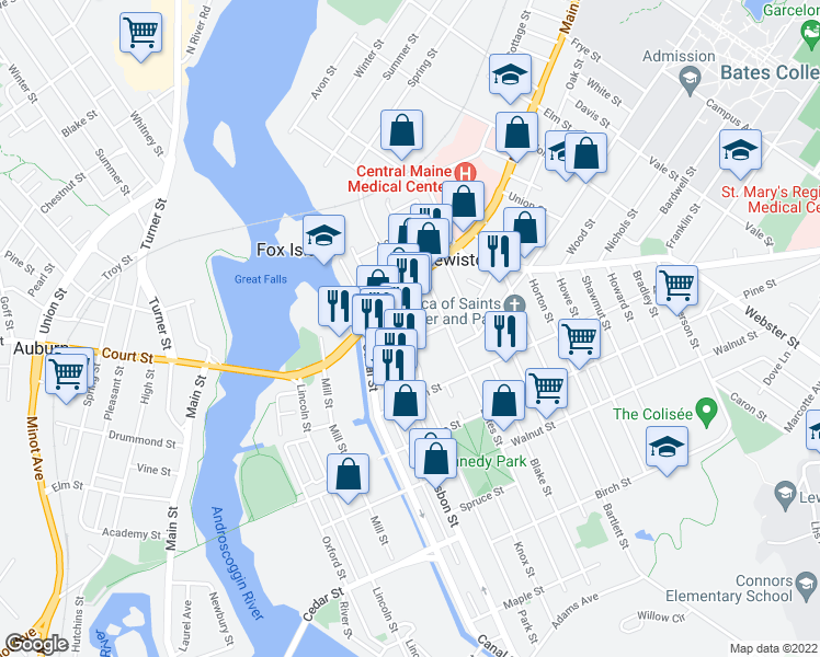map of restaurants, bars, coffee shops, grocery stores, and more near 117 Middle Street in Lewiston