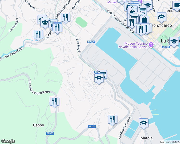 map of restaurants, bars, coffee shops, grocery stores, and more near 3 Via Sant'Antonio Maria Gianelli in La Spezia