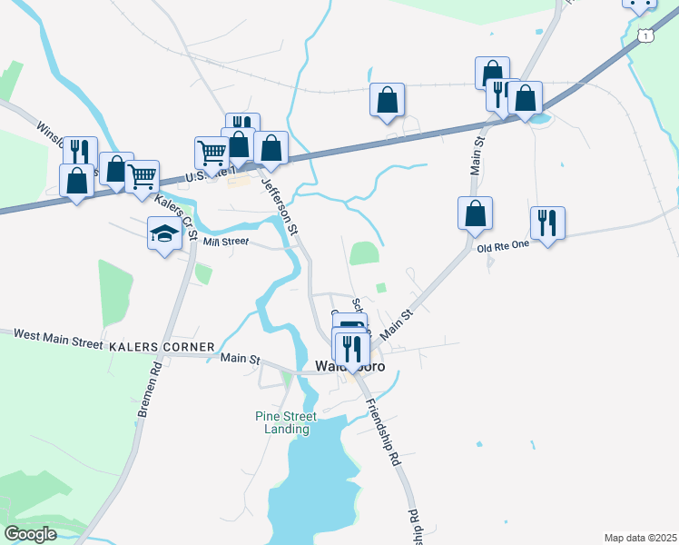 map of restaurants, bars, coffee shops, grocery stores, and more near 32 Philbrook Ln in Waldoboro