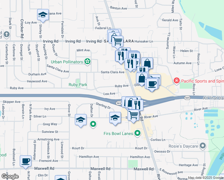 map of restaurants, bars, coffee shops, grocery stores, and more near 136 Ruby Avenue in Eugene