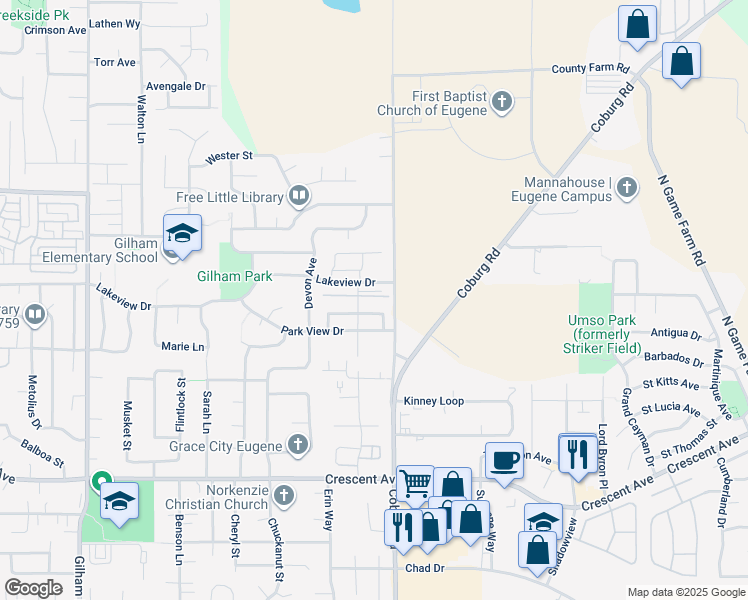 map of restaurants, bars, coffee shops, grocery stores, and more near 2518 Belle Terra Drive in Eugene