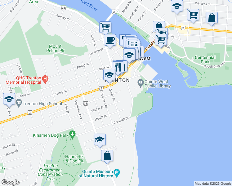 map of restaurants, bars, coffee shops, grocery stores, and more near 60 Wilkins Street in Quinte West