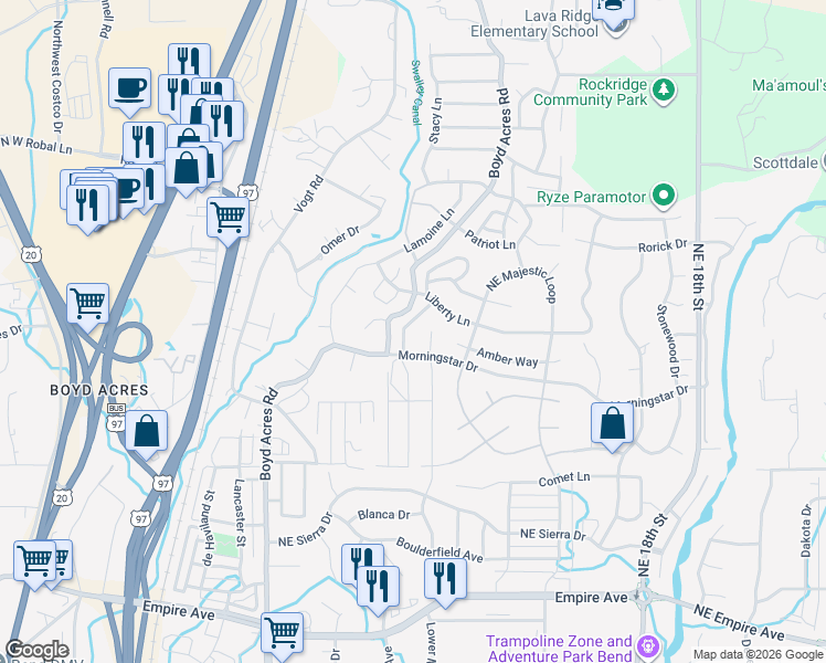 map of restaurants, bars, coffee shops, grocery stores, and more near 63294 Northeast Carly Lane in Bend