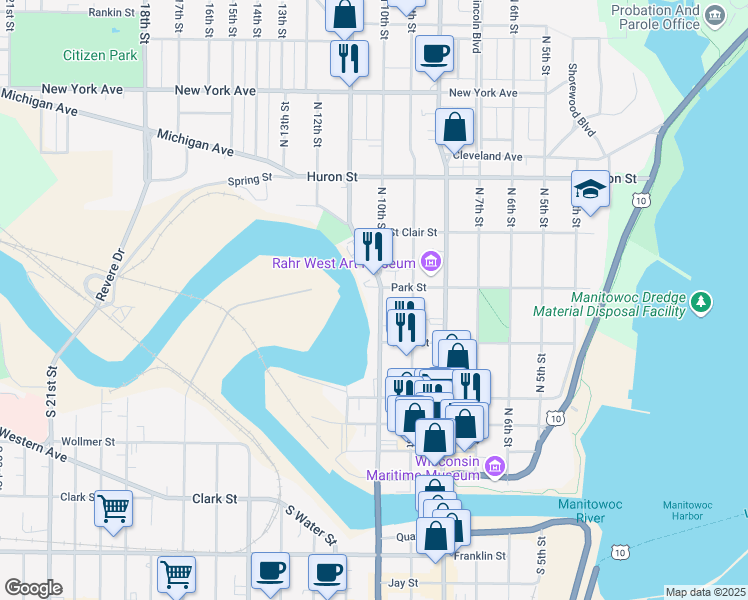map of restaurants, bars, coffee shops, grocery stores, and more near 530 North 10th Street in Manitowoc