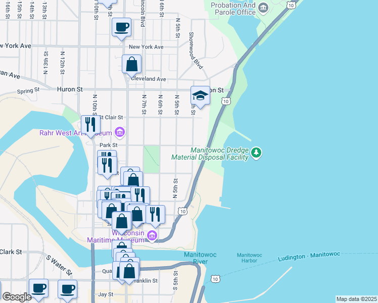 map of restaurants, bars, coffee shops, grocery stores, and more near 530 North 4th Street in Manitowoc