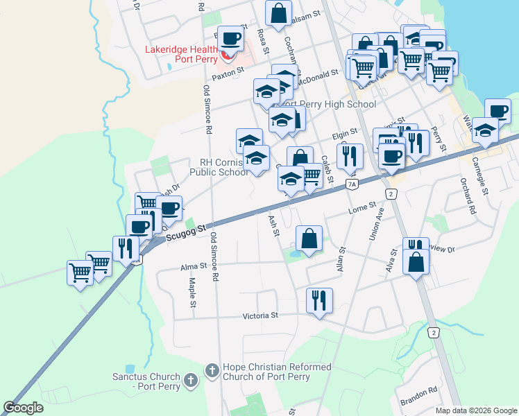 map of restaurants, bars, coffee shops, grocery stores, and more near 1695 Scugog Street in Port Perry