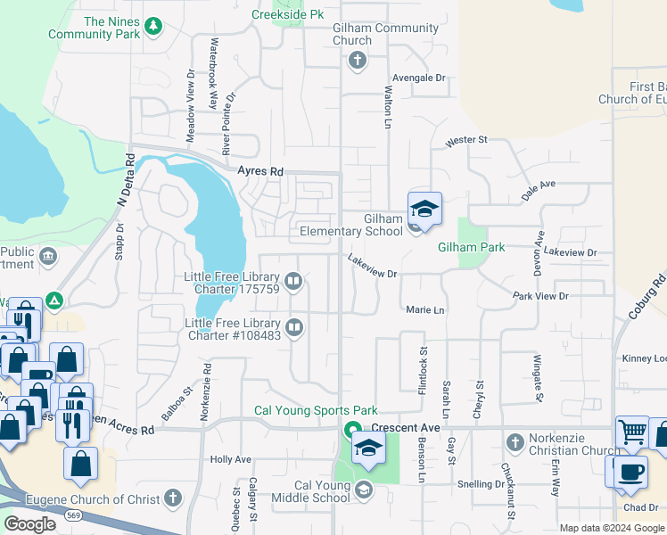map of restaurants, bars, coffee shops, grocery stores, and more near 3195 Powder River Drive in Eugene