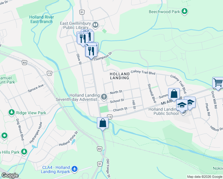 map of restaurants, bars, coffee shops, grocery stores, and more near 230 East Street in East Gwillimbury
