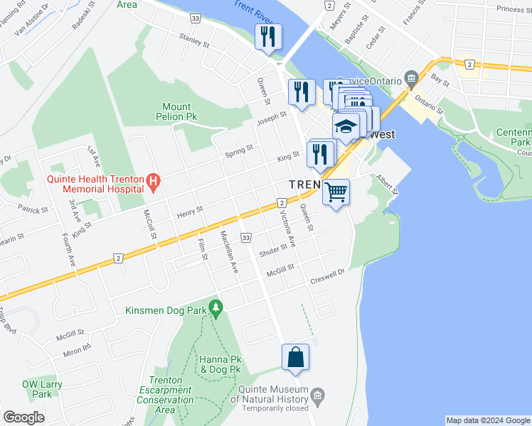 map of restaurants, bars, coffee shops, grocery stores, and more near 183 Dundas Street West in Quinte West